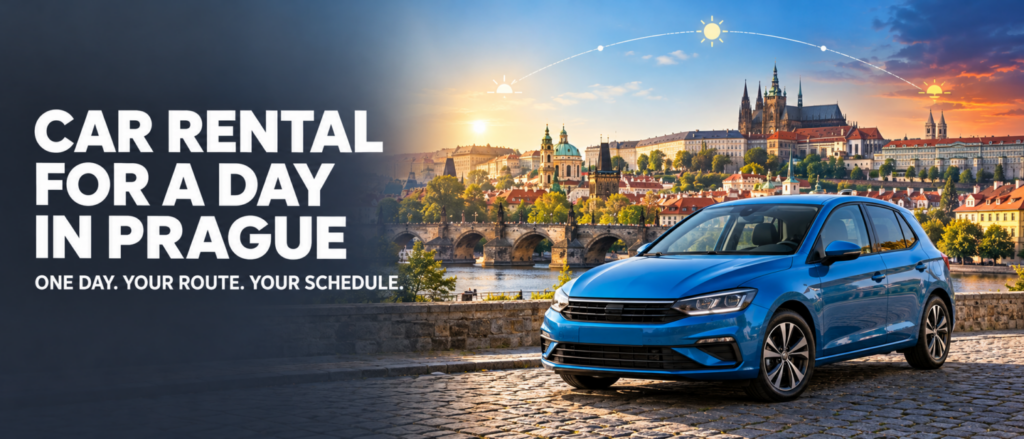 Blue rental car for a one-day trip in Prague