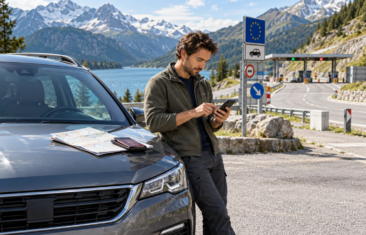 Traveller checking European road rules beside a rental car before crossing a border