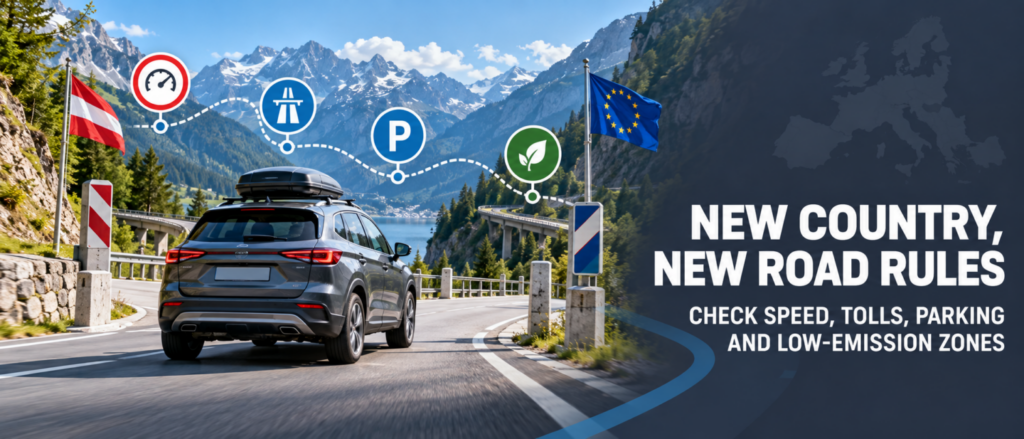 Rental car crossing a European border with symbols for speed, tolls and parking