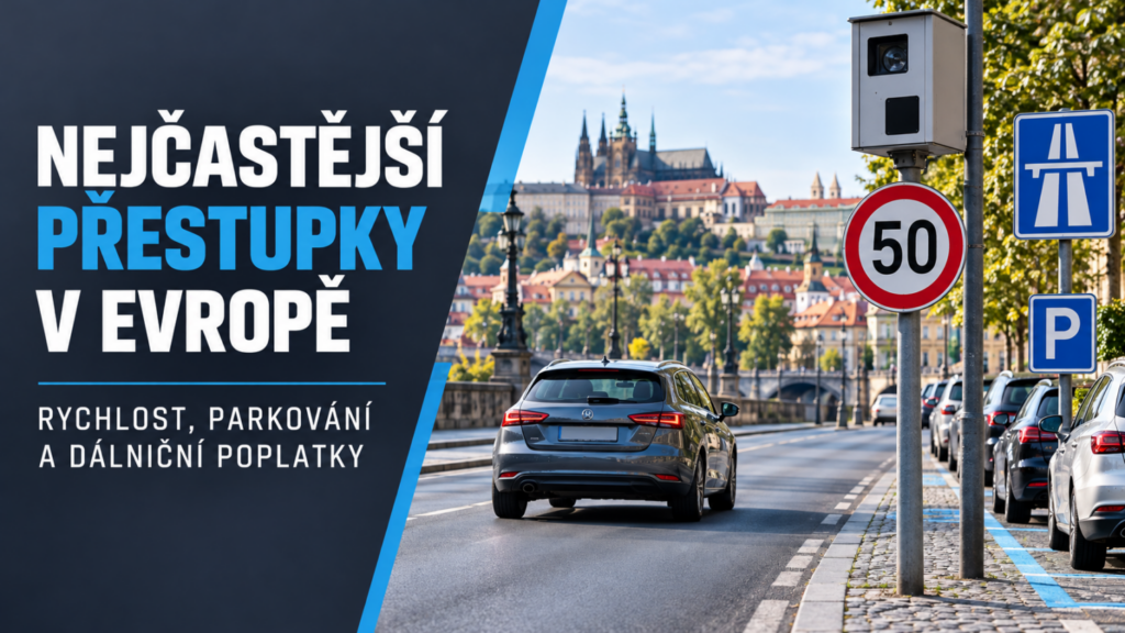 Automobil projíždí kolem radaru, značky omezení rychlosti a parkovací zóny
