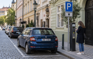 Žena s chytrým telefonem u parkovacího automatu a modrým autem zaparkovaným na ulici v Praze.