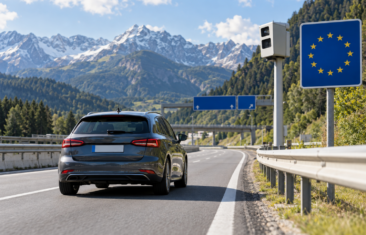 Automobil na evropské dálnici u hraničního označení EU a kamery kontroly rychlosti