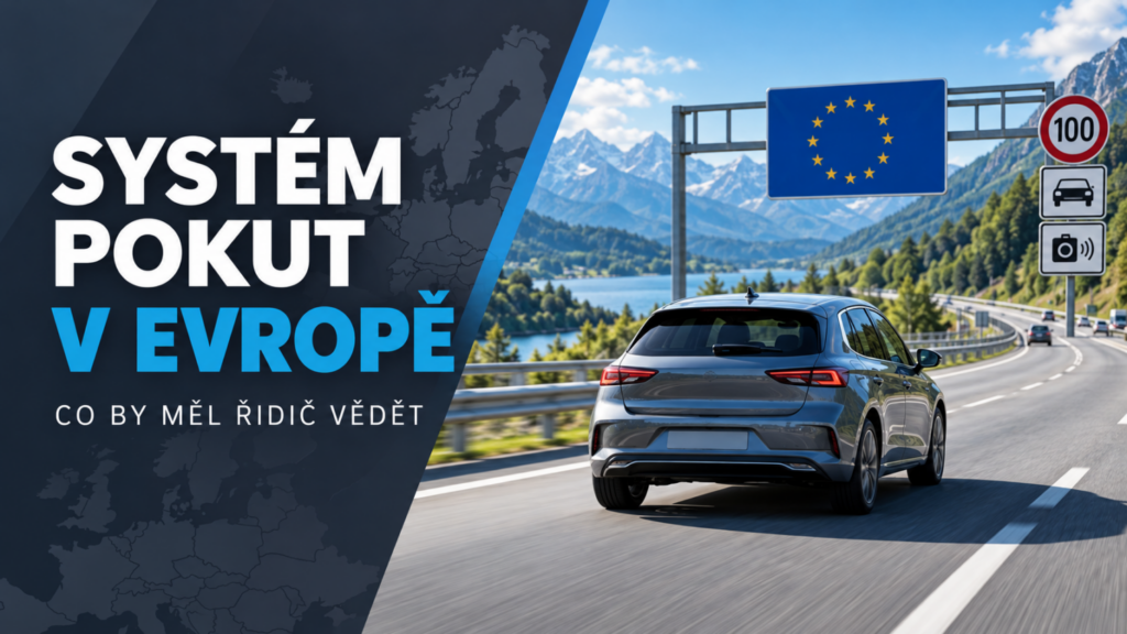 Automobil na evropské silnici se symbolem kontroly rychlosti a mapou Evropy