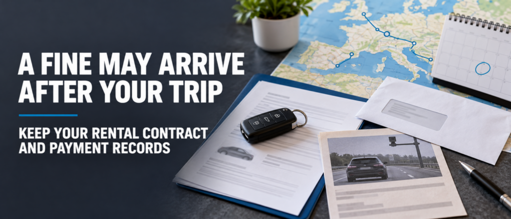Traffic fine notice beside a rental agreement, car keys and European route map