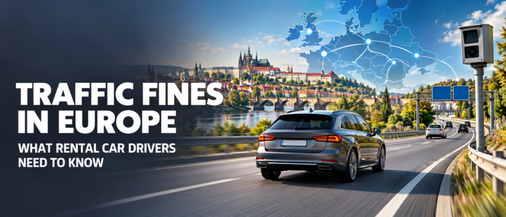 Rental car travelling through Europe past a roadside speed camera