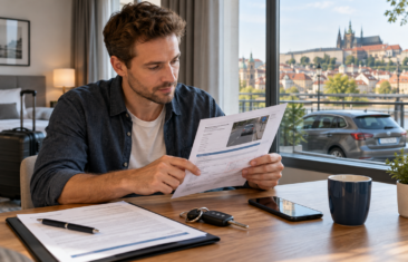 Traveller checking a traffic fine notice with rental car keys on the table