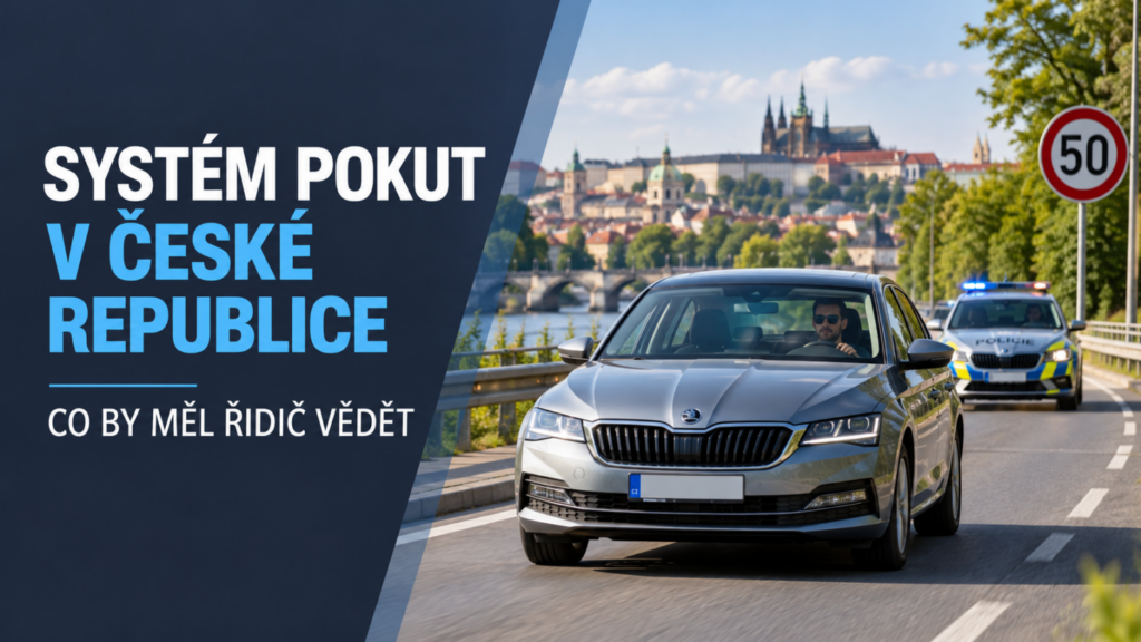 Řidič na silnici v Praze u značky omezení rychlosti a policejního vozu