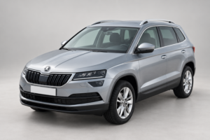 Silver Škoda Karoq crossover, front and side view.