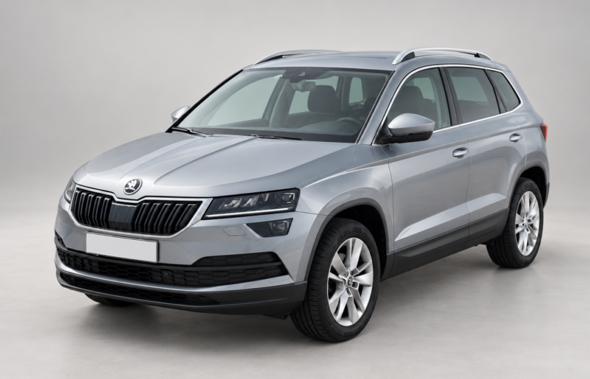 Silver Škoda Karoq crossover, front and side view.