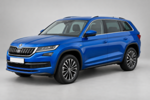 Modrá Škoda Kodiaq z předního bočního pohledu