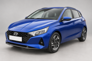 Modrý Hyundai i20 zepředu a z boku – pronájem auta v Praze