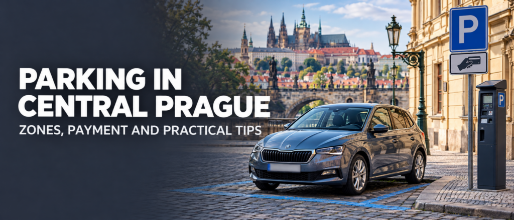 Rental car beside blue, purple and orange parking zones in Prague