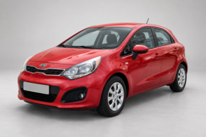 Red hatchback Kia Rio, front and side view on a light background.