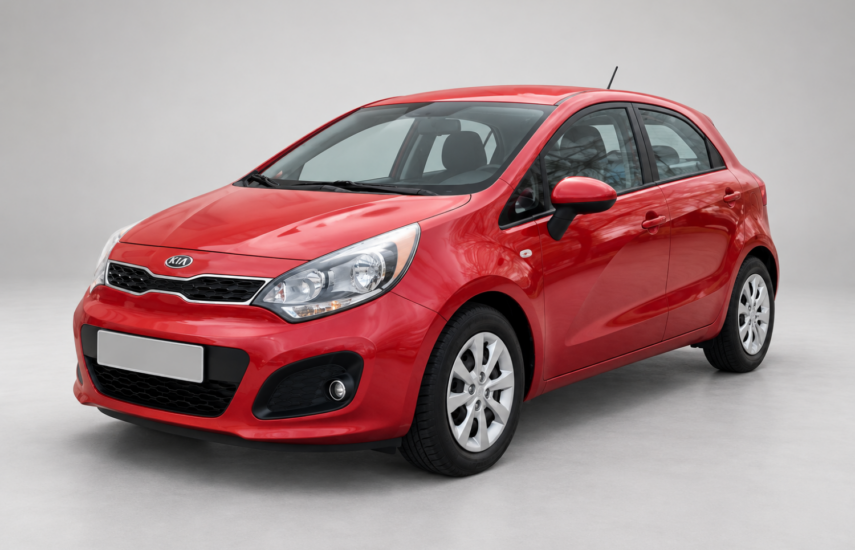 Red hatchback Kia Rio, front and side view on a light background.