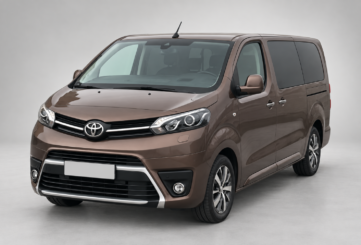 Brown passenger Toyota Proace, front and side view.