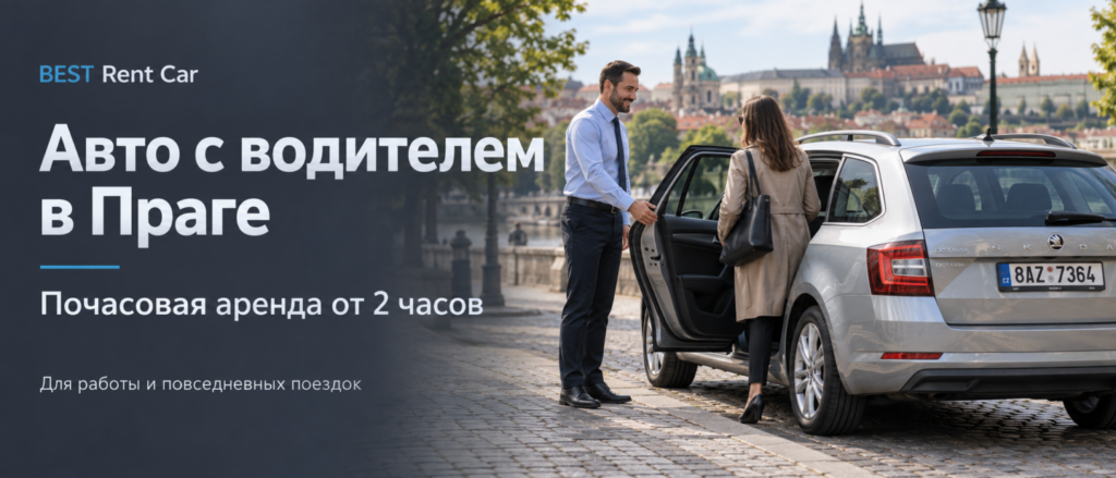 The driver opens the door of a silver Škoda Octavia for a passenger against the backdrop of Prague.